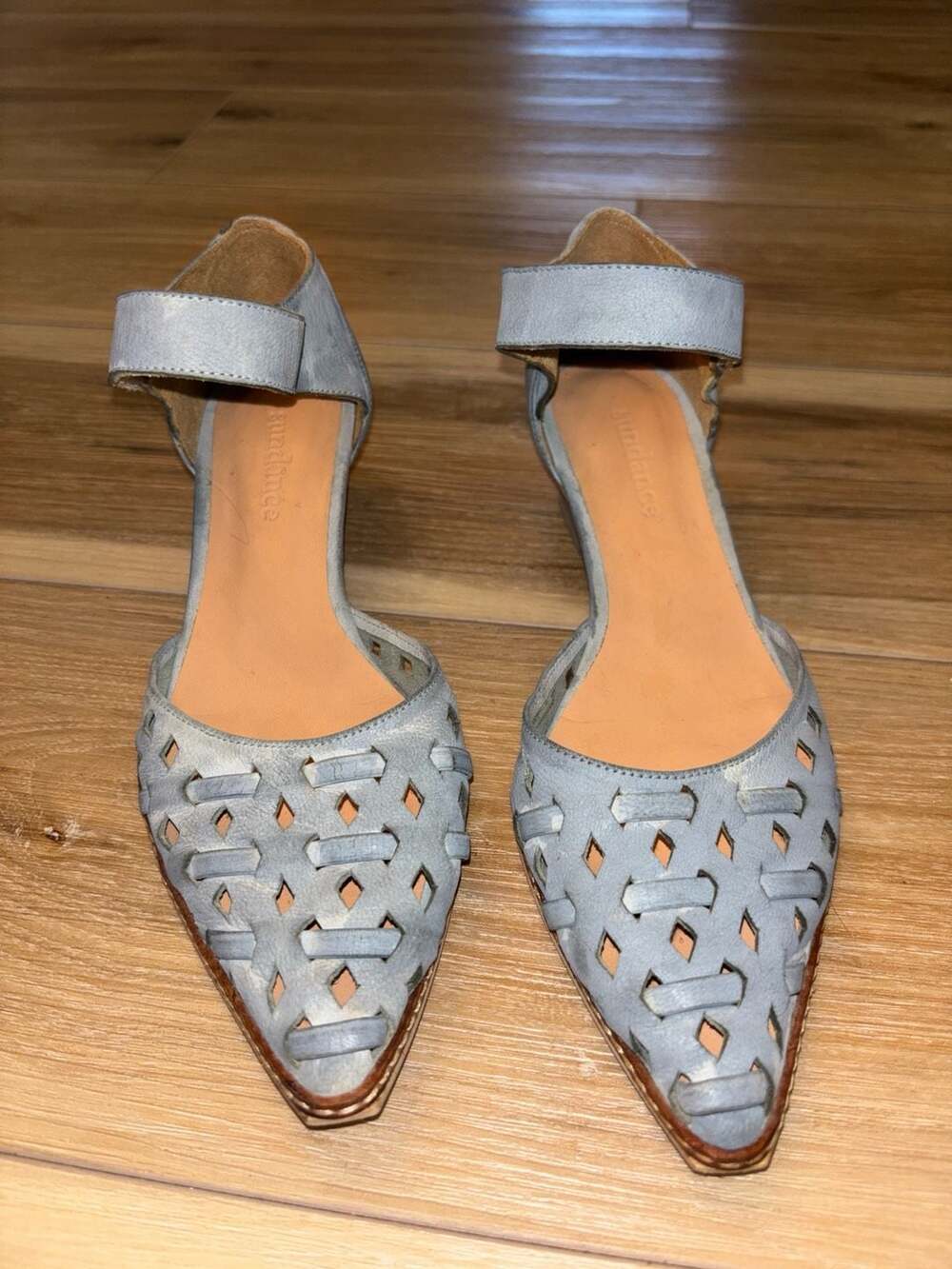 Sundance Women's Light Blue Woven Leather Pointy Toe Kitten Heel Sandals